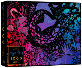 Elena Essex Night Reef puzzle assembly on table with vivid coral reef colors for relaxing evenings