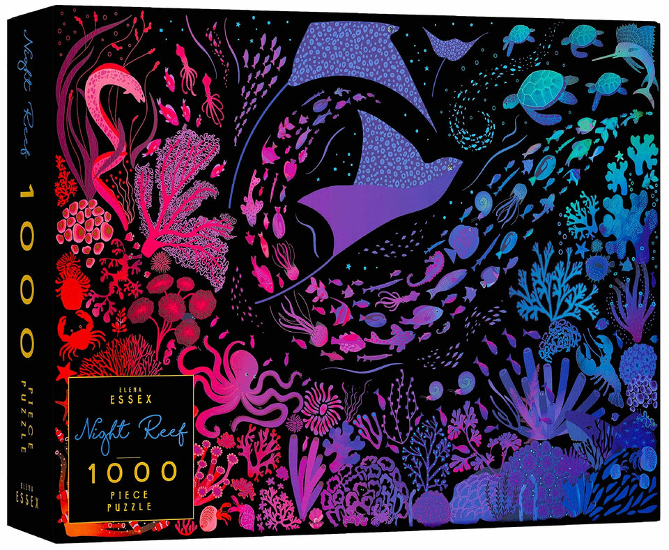 Elena Essex Night Reef puzzle assembly on table with vivid coral reef colors for relaxing evenings
