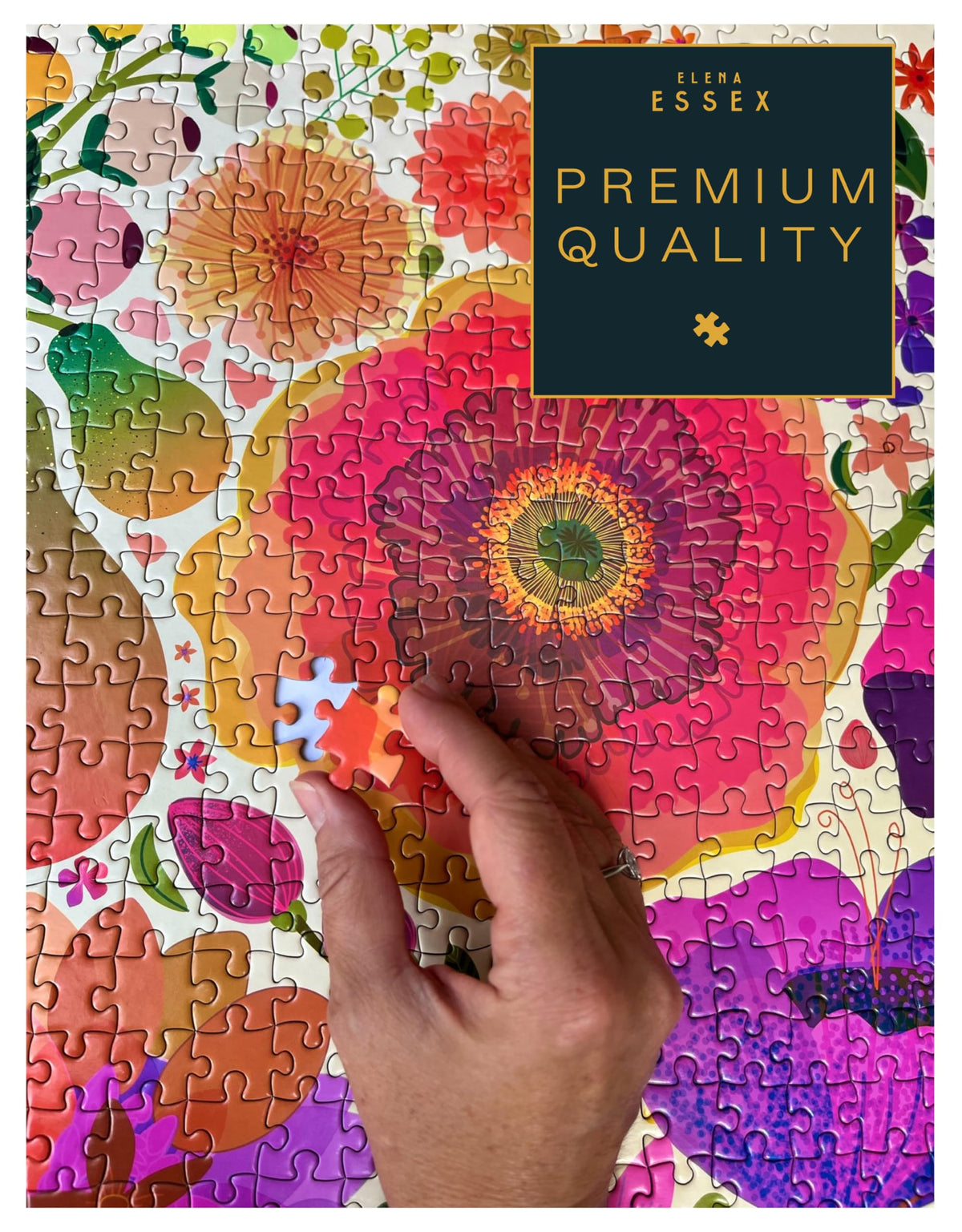 Elena Essex puzzle image indicates precision-cut shapes for steady progress.