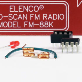 Elenco FM Radio Kit assembled board close-up highlighting components.