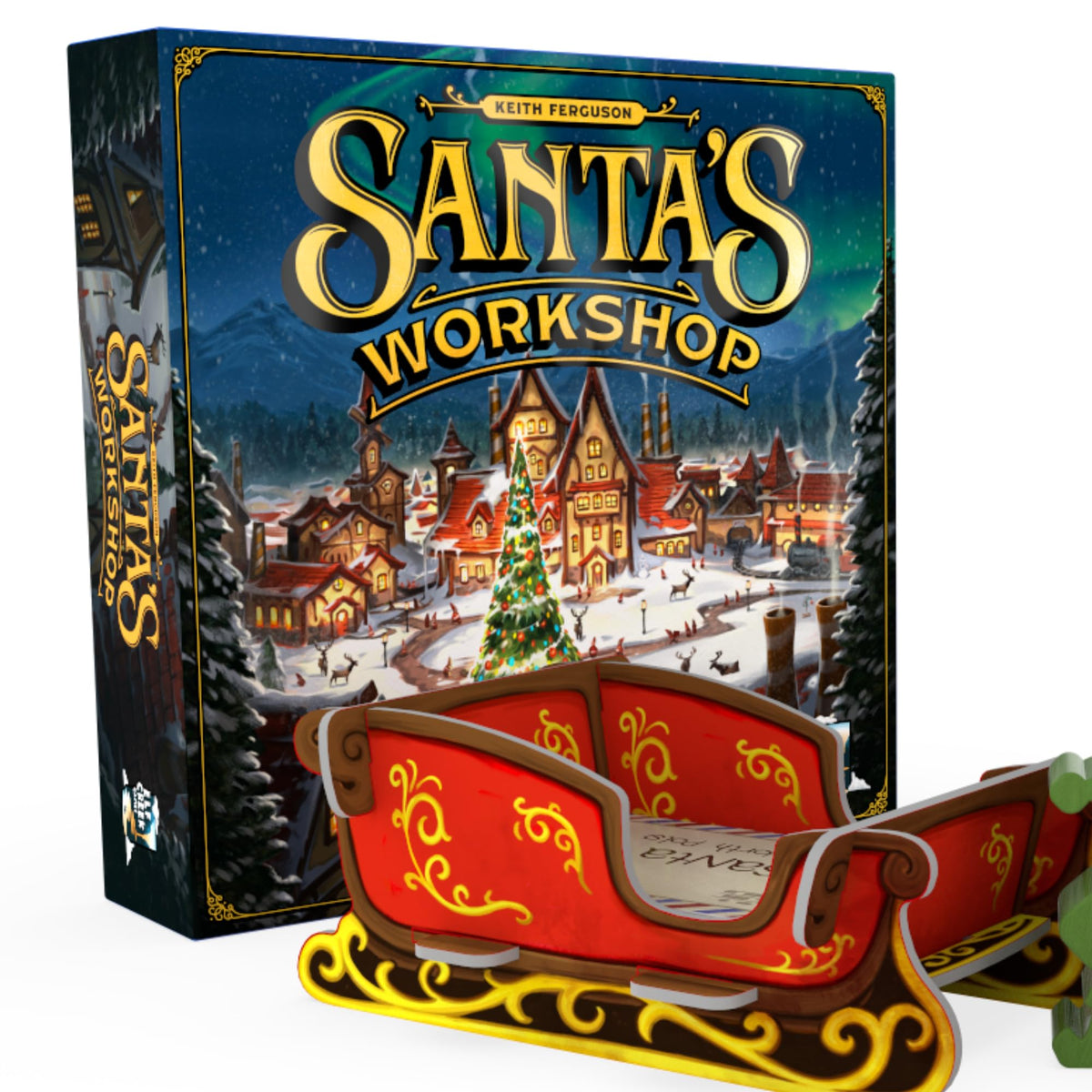 Elf Creek Games Santa's Workshop board game on a festive table for family play