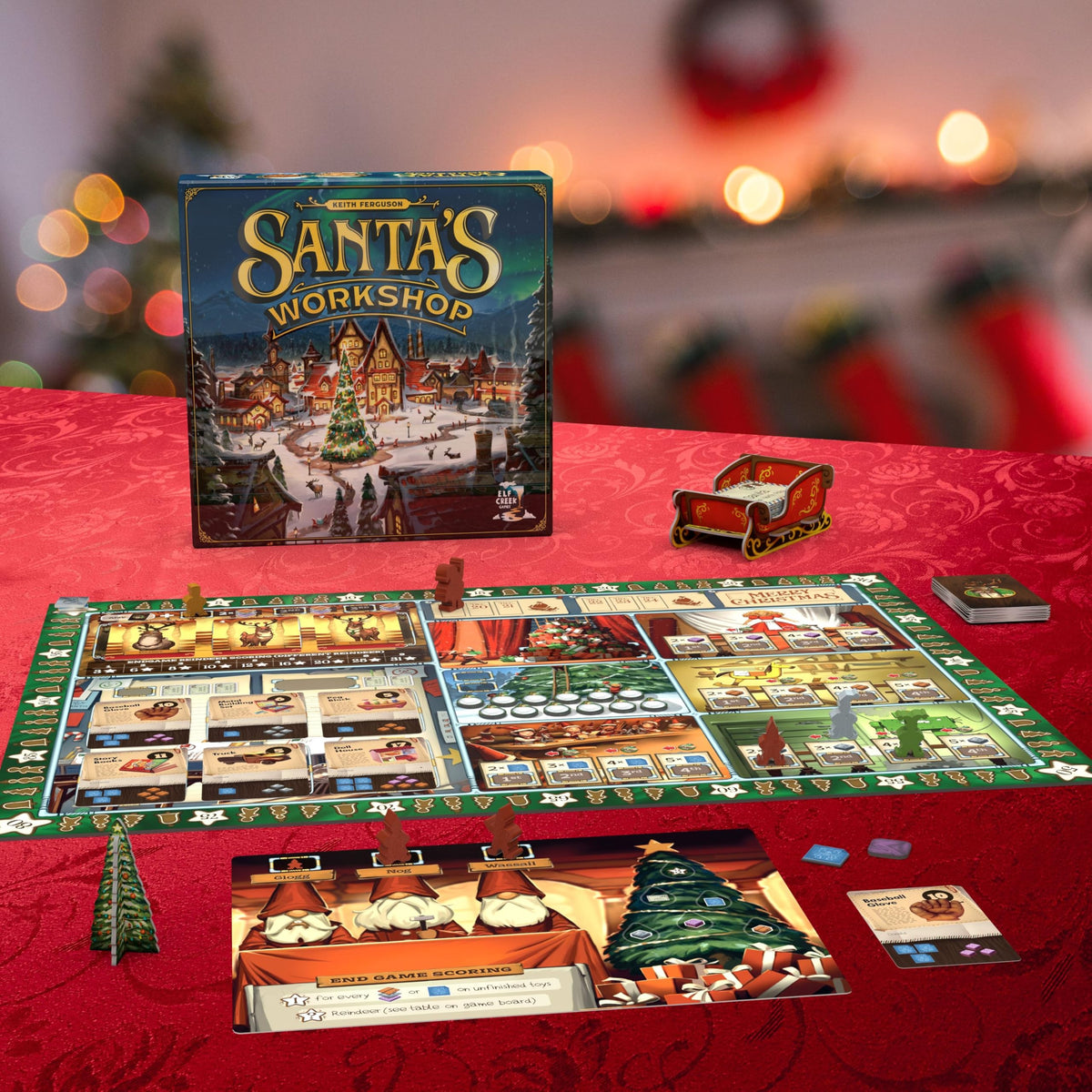 Santa's Workshop elf meeples on the board encouraging friendly competition
