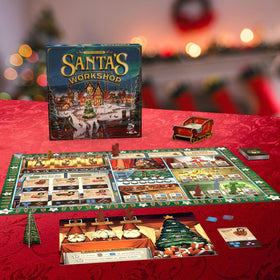 Santa's Workshop elf meeples on the board encouraging friendly competition