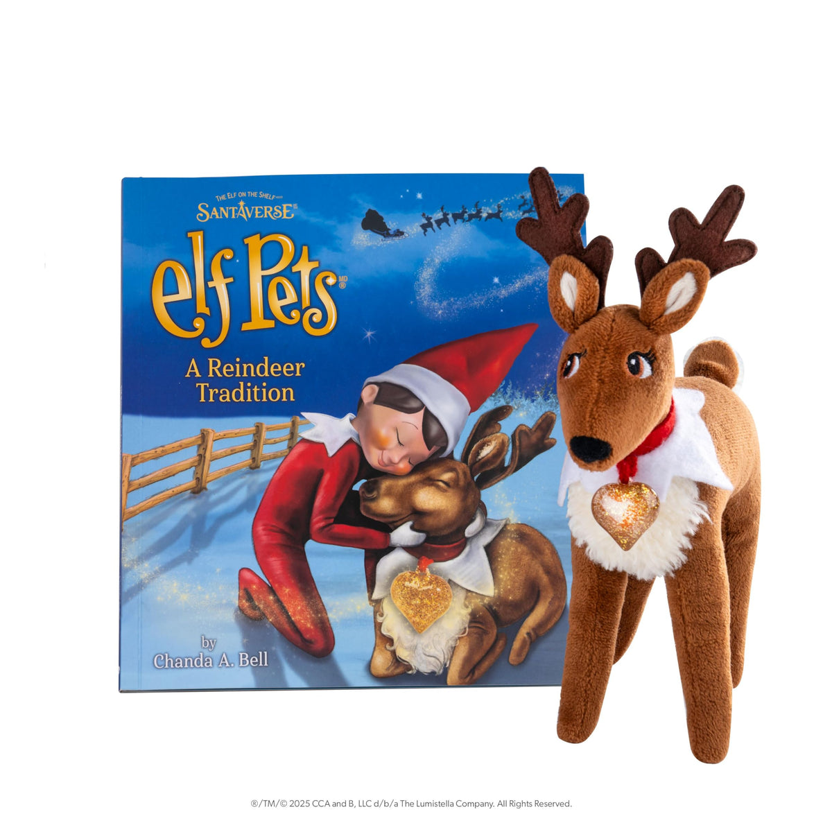 The Elf Pets Reindeer plush with golden heart charm ready for cozy snuggles
