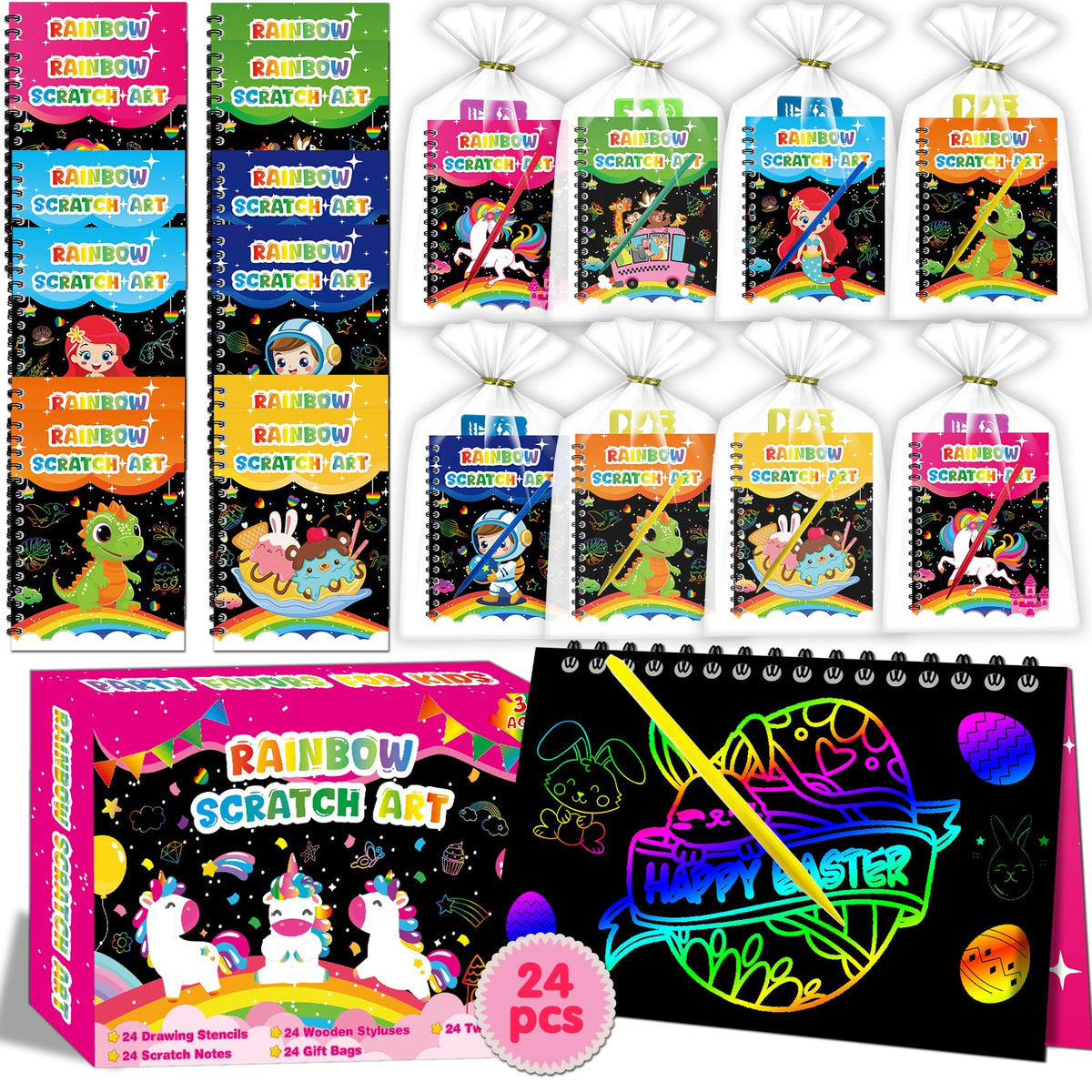 Elfew rainbow scratch art notebooks for kids, vibrant colors for party favors.