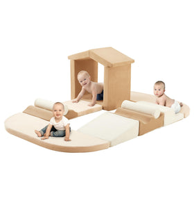 Elftopia climbing blocks form a playful house structure for safe toddler exploration.
