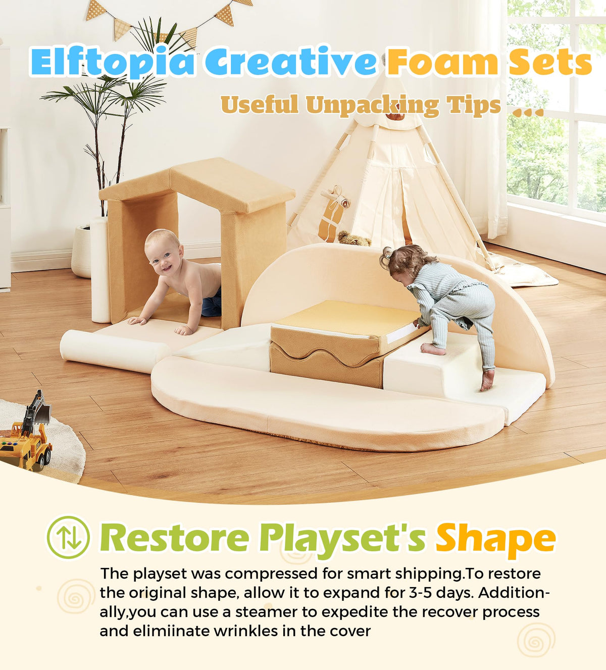 Elftopia indoor play space setup offers compact, safe toddler climber options.