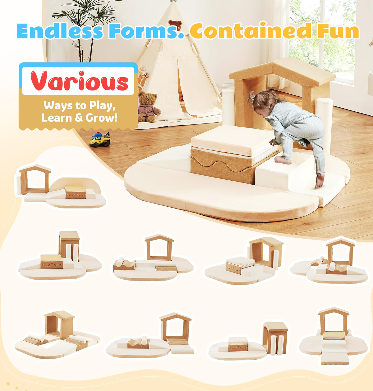 Elftopia foam blocks featuring slides inspire indoor active play and imagination.