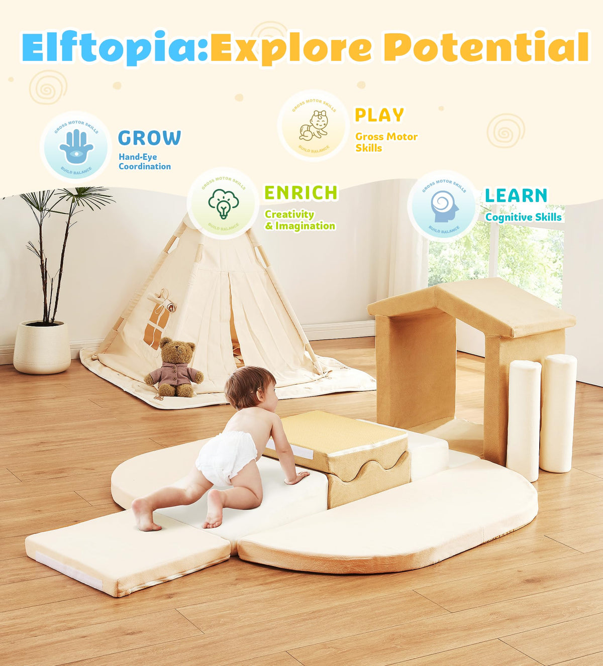 Elftopia stairs promote climbing confidence and problem-solving during play sessions.