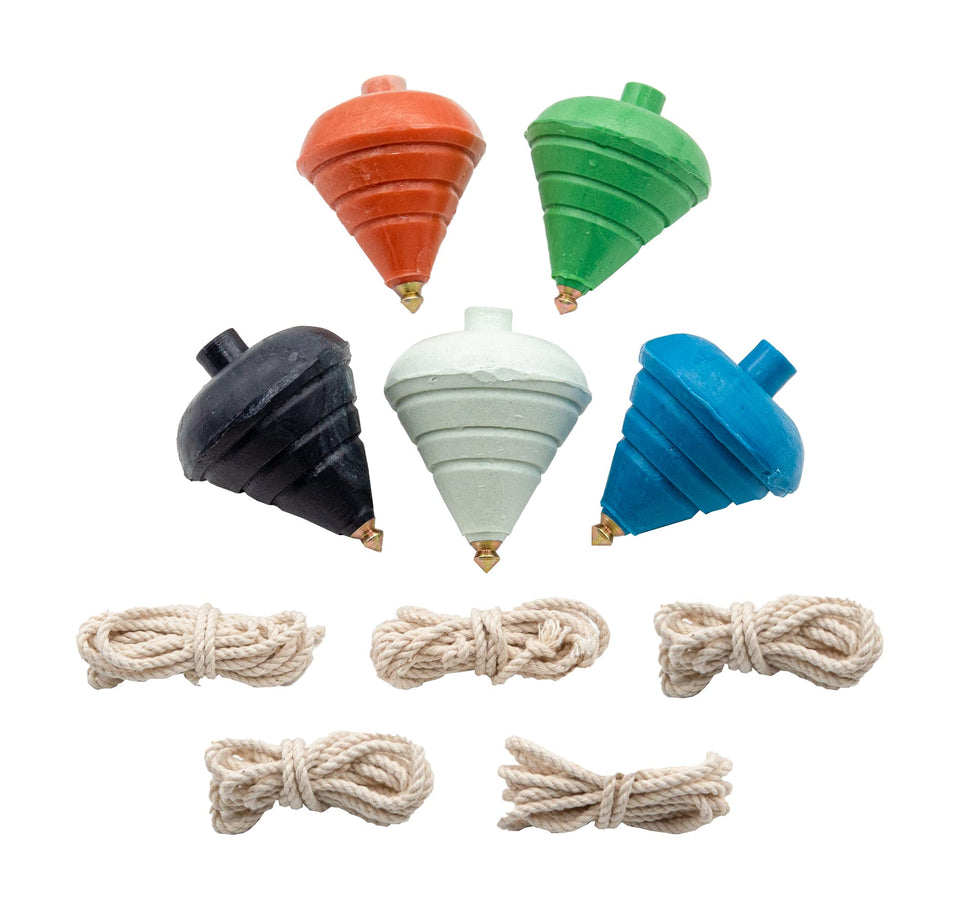 ELIASM Spinning Top Trompo five-pack on table, durable for outdoor play