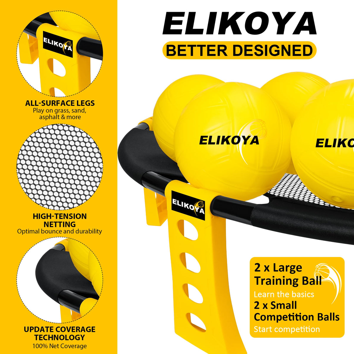 Elikoya elastic net shown for easier starts and beginner-friendly rallies.