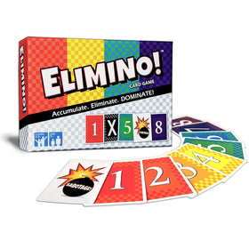 Elimino family card-game setup showing quick, easy rules for all ages