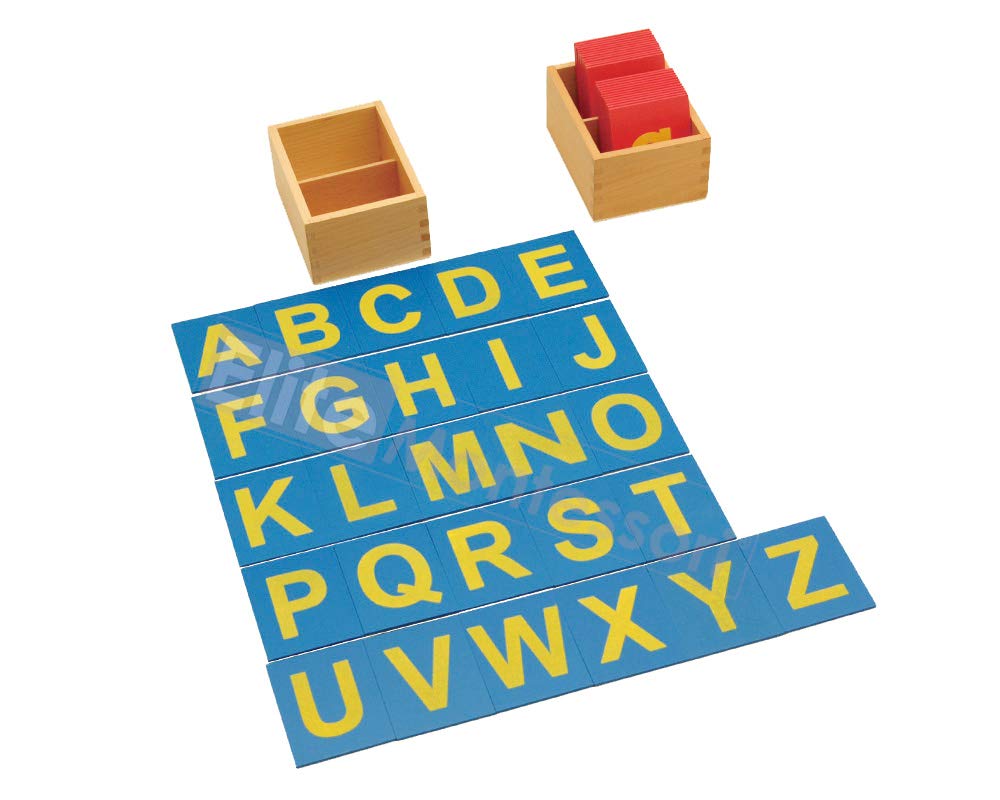 Elite Montessori capital blue sandpaper letters aid capitalization practice in a tidy box.
