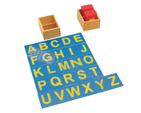 Elite Montessori capital blue sandpaper letters aid capitalization practice in a tidy box.