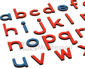 Blue and red wooden letters organized in the box for easy cleanup.