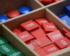 Elite Montessori Stamp Game tiles digits 1, 10, 100, 1000 for hands-on math practice