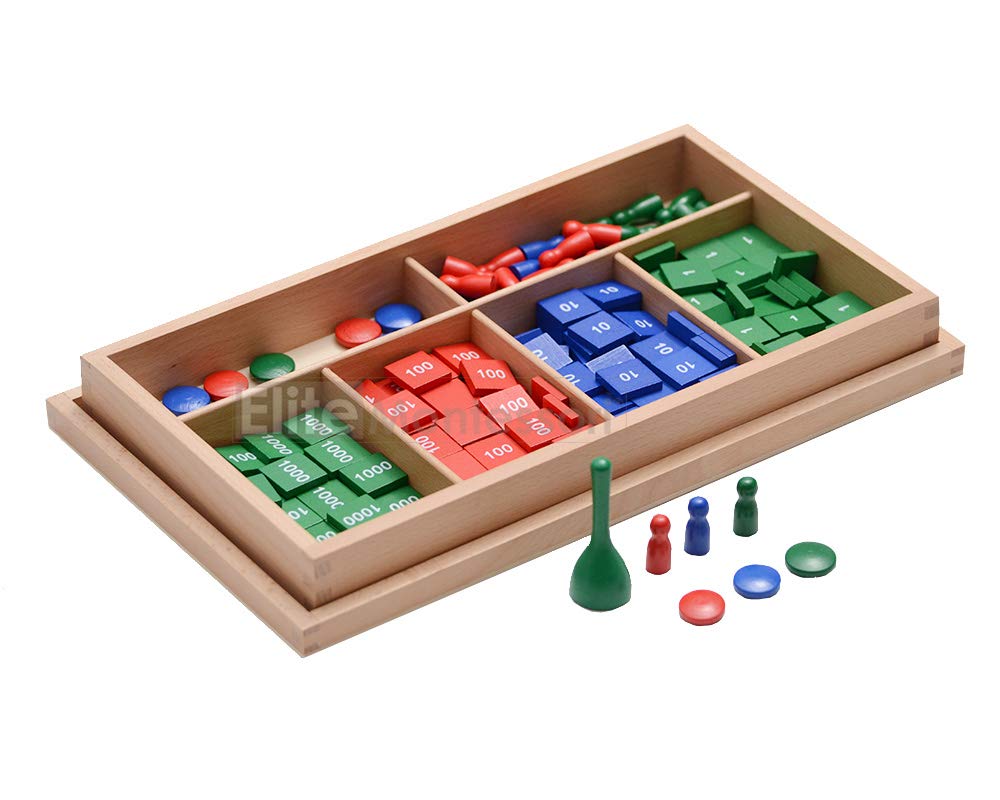 Elite Montessori Stamp Game wooden box with six compartments keeps tiles organized for classroom or home use