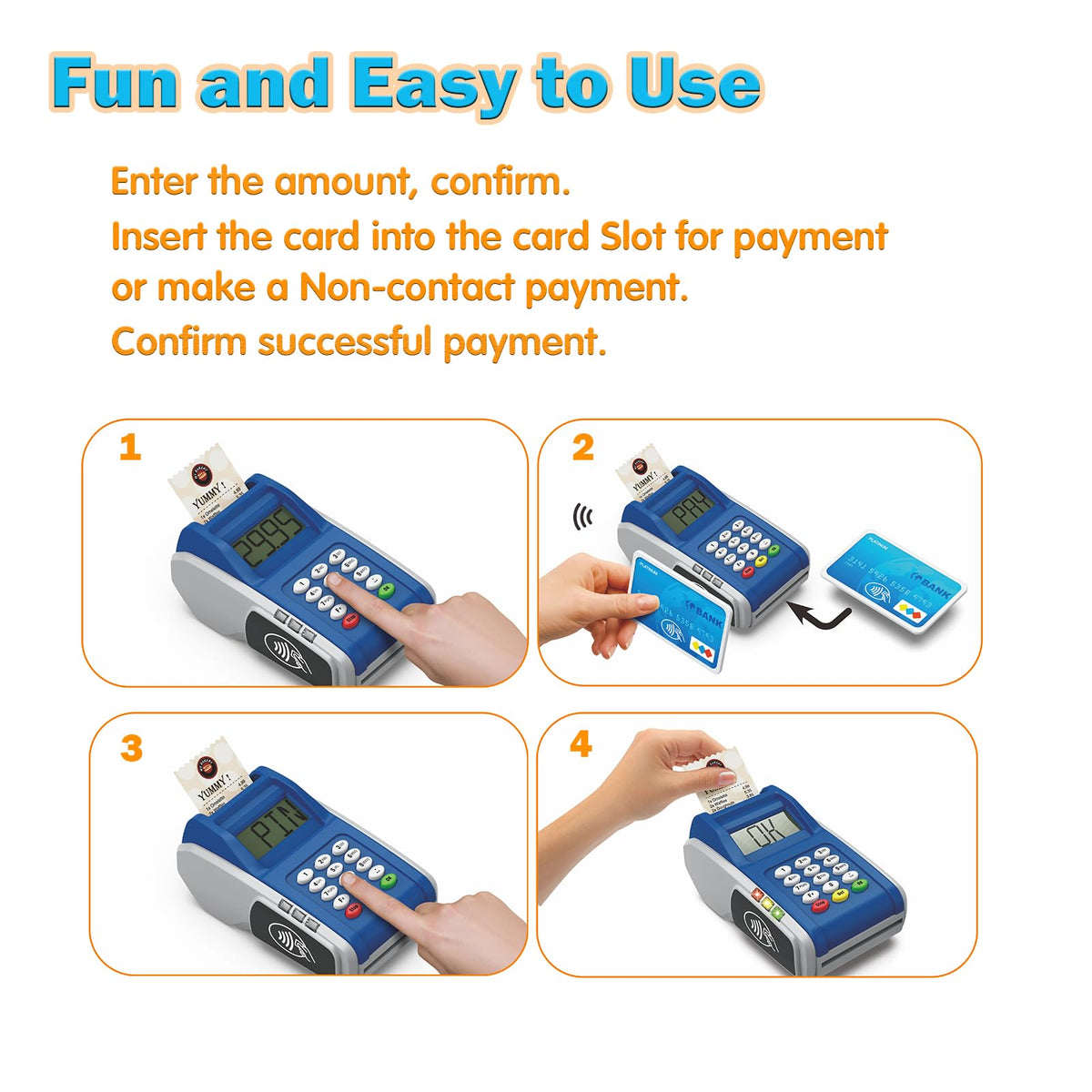 Ella Dream POS terminal with credit cards for authentic cashier role-play.