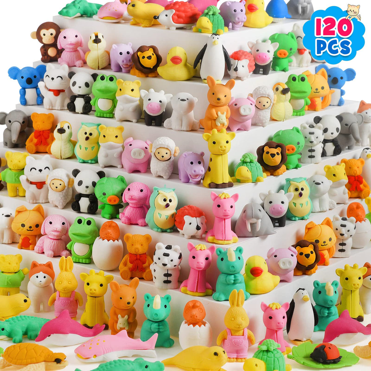 Ellinjan 120pcs animal erasers pack with varied shapes for classroom incentives.