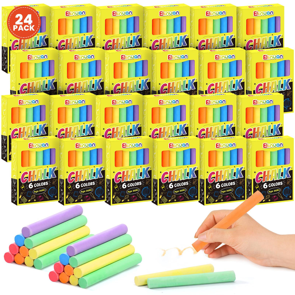 Ellinjan 288-count chalk set in 24 boxes for easy classroom distribution.