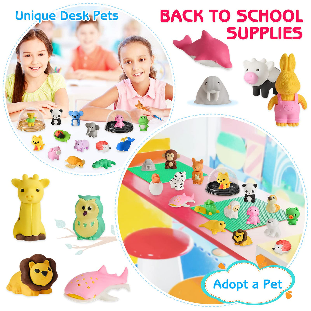 Ellinjan assembleable animal erasers showing puzzle play and creativity at desks.