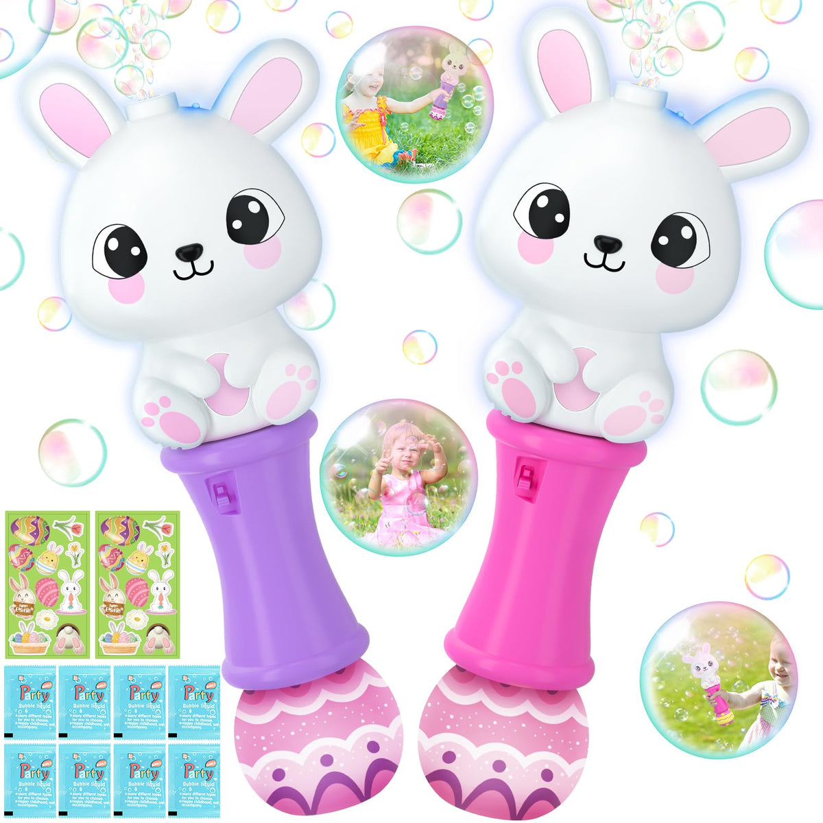 Ellinjan Easter Bunny Bubble Wand pink with color-changing LEDs for outdoor play.