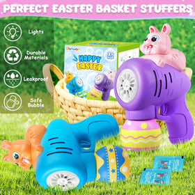 Ellinjan Easter party favor bubble gun creates colorful bubbles.