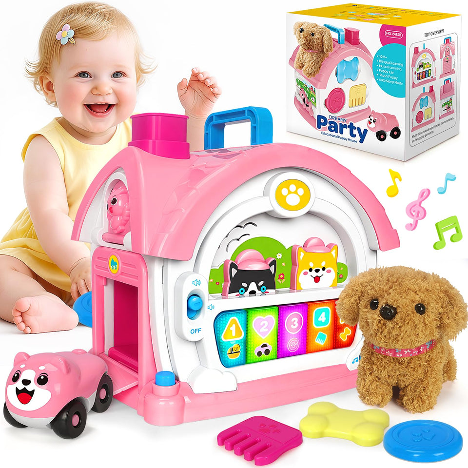 Ellinjan Montessori toy house with plush puppy encourages imaginative play
