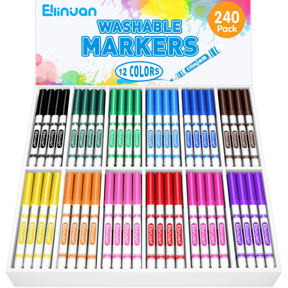 Ellinjan 240-count washable markers in a sturdy box for classroom storage.