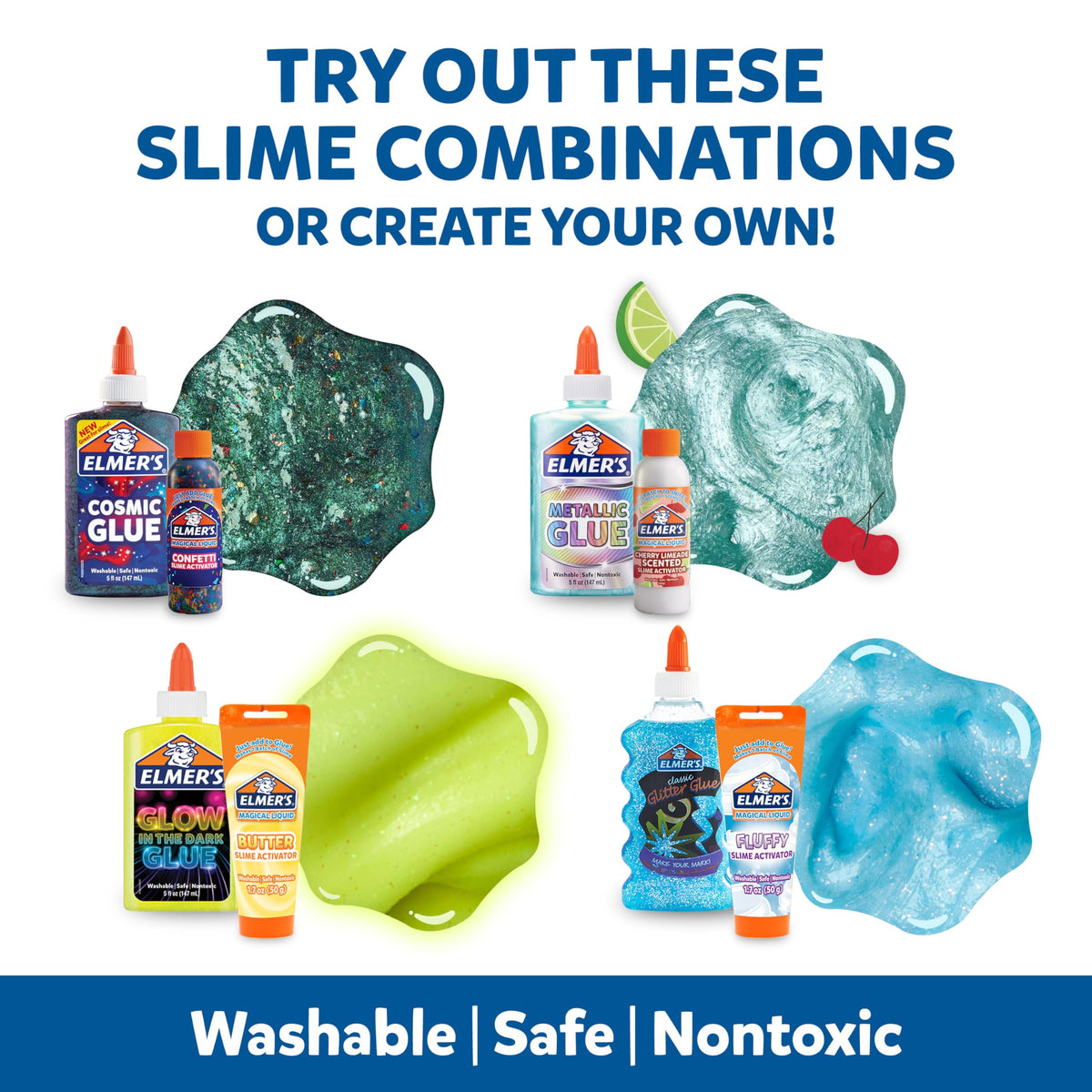 Elmer’s All-Star Slime Kit blue glitter glue bottle for sparkling slime creations.