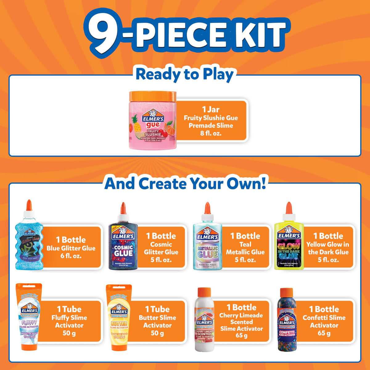 Elmer’s All-Star Slime Kit cherry limeade scented activator bottle for a fresh aroma.
