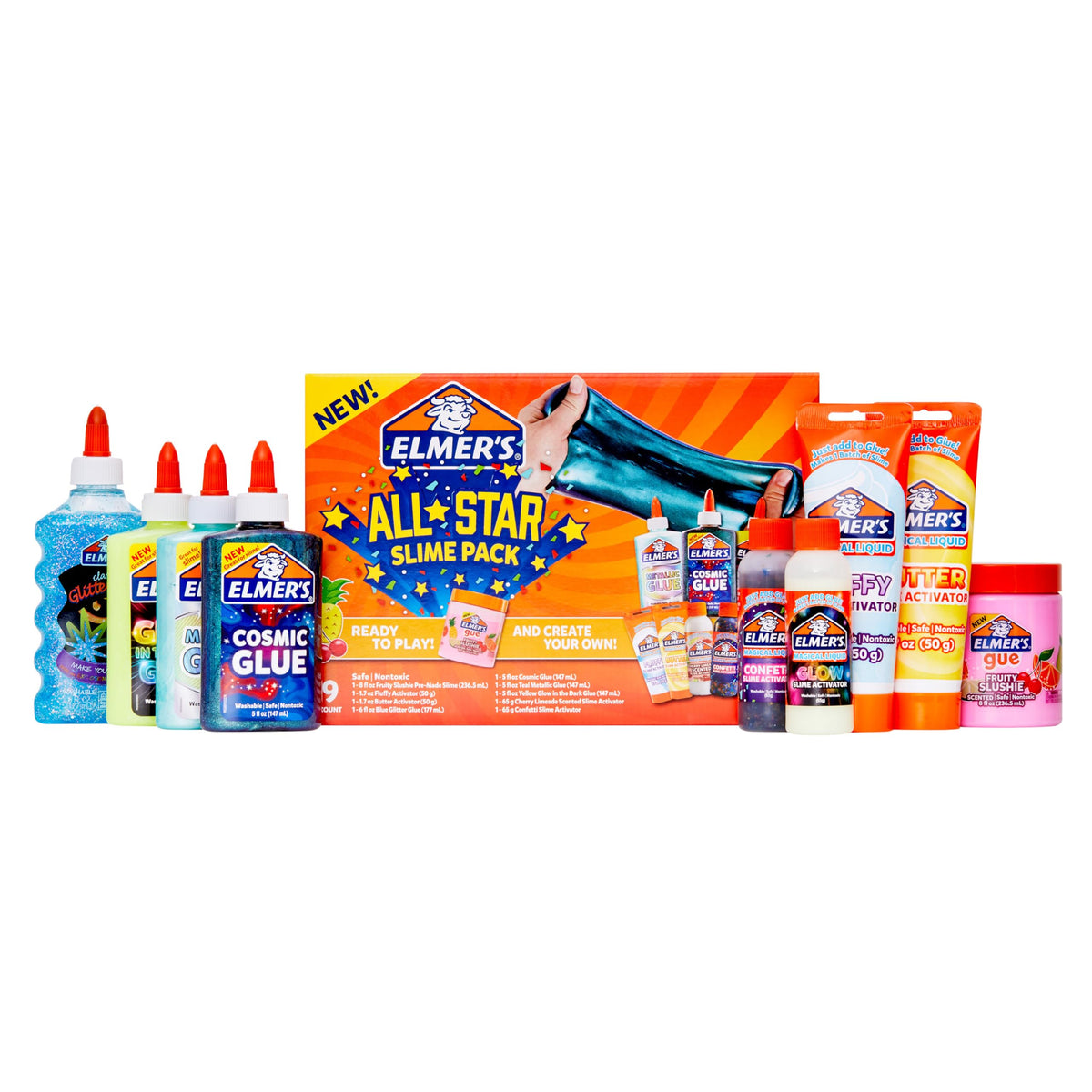 Elmer’s All-Star Slime Kit yellow glow-in-the-dark glue bottle for glow effects in slime.