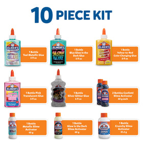 Elmer's Celebration slime kit bottles display vibrant activators for versatile slime making