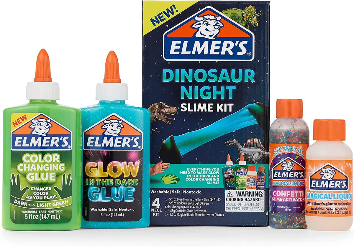 Elmer’s Dinosaur Night Slime Kit color-changing glue bottle for creative slime making.