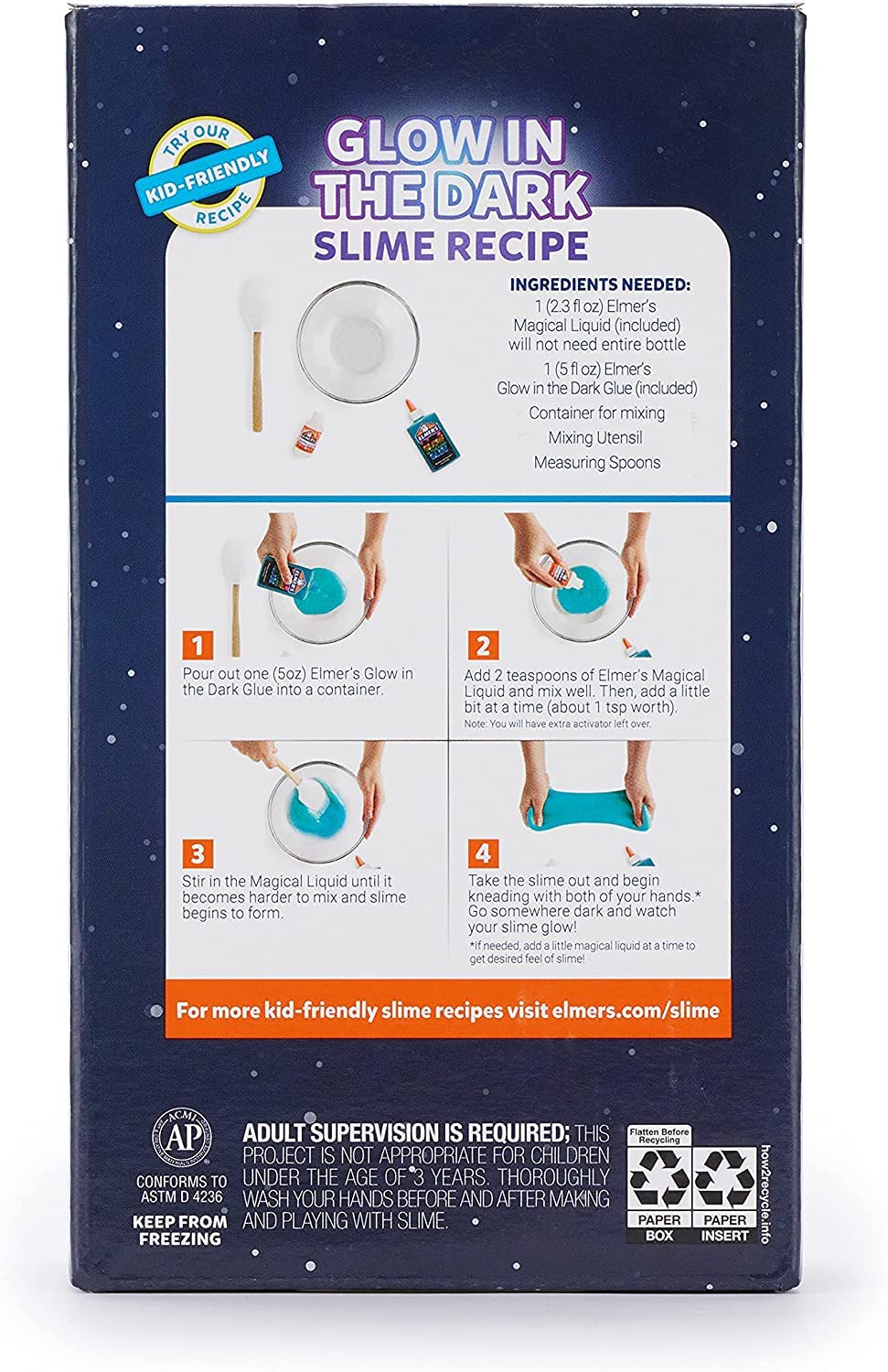 Elmer’s Dinosaur Night Slime Kit kid-friendly washable materials for safe play.