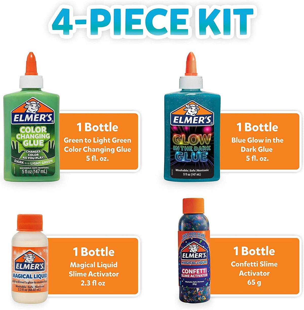 Elmer’s Dinosaur Night Slime Kit glow-in-the-dark glue bottle for glowing slime crafts.