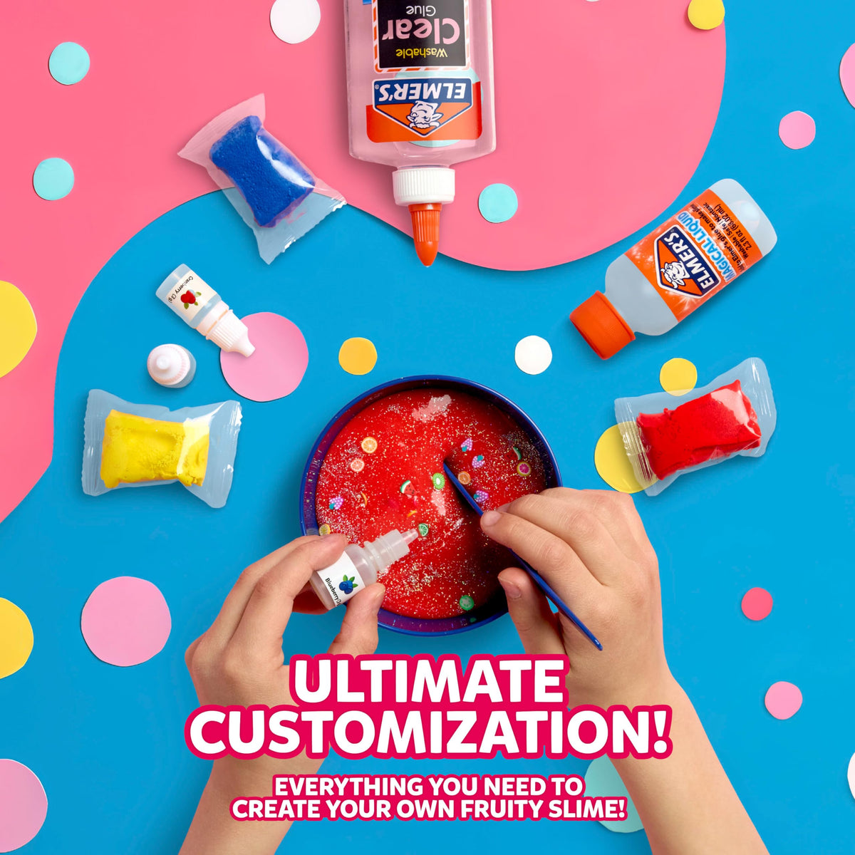 Elmer's Fruity Fusion slime kit activator bottles for smooth slime.