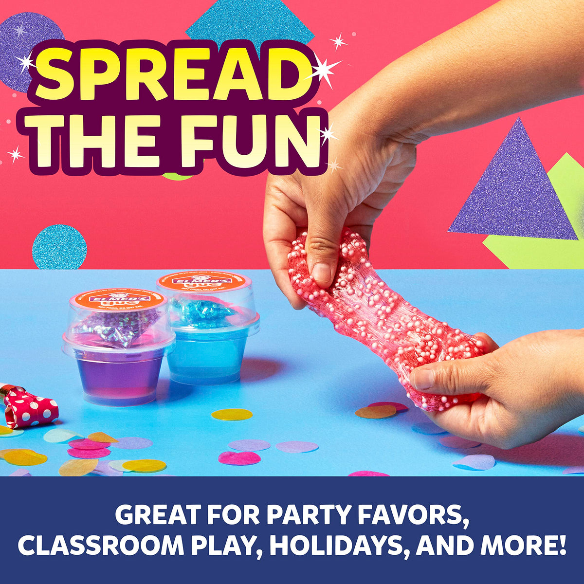 Elmer's Gue party pack varieties display colorful jars for group fun.