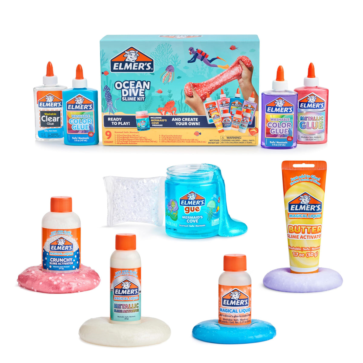 Elmer's Ocean Dive Slime Kit clear glue bottle for bright, kid-friendly slime making