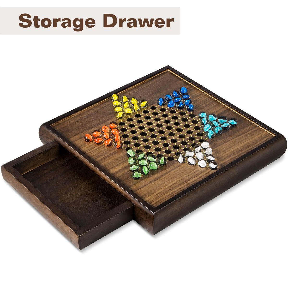 ELONGDI wooden board features integrated storage to keep pieces organized.
