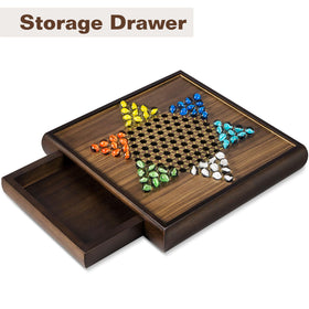 ELONGDI wooden board features integrated storage to keep pieces organized.