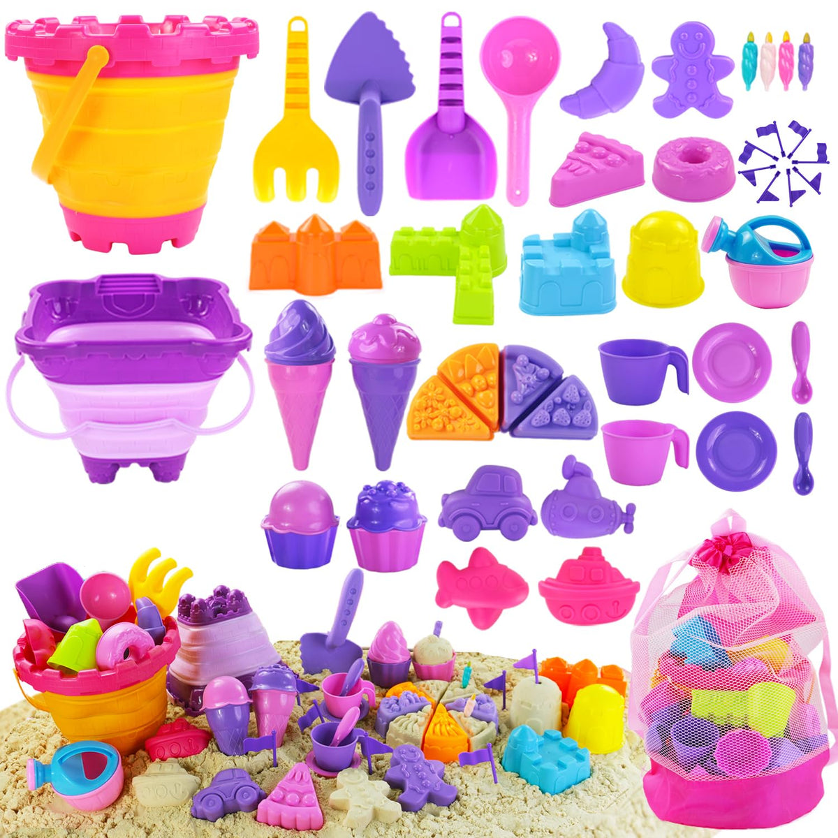 Elovien collapsible buckets for sand play at the beach, quick to set up.
