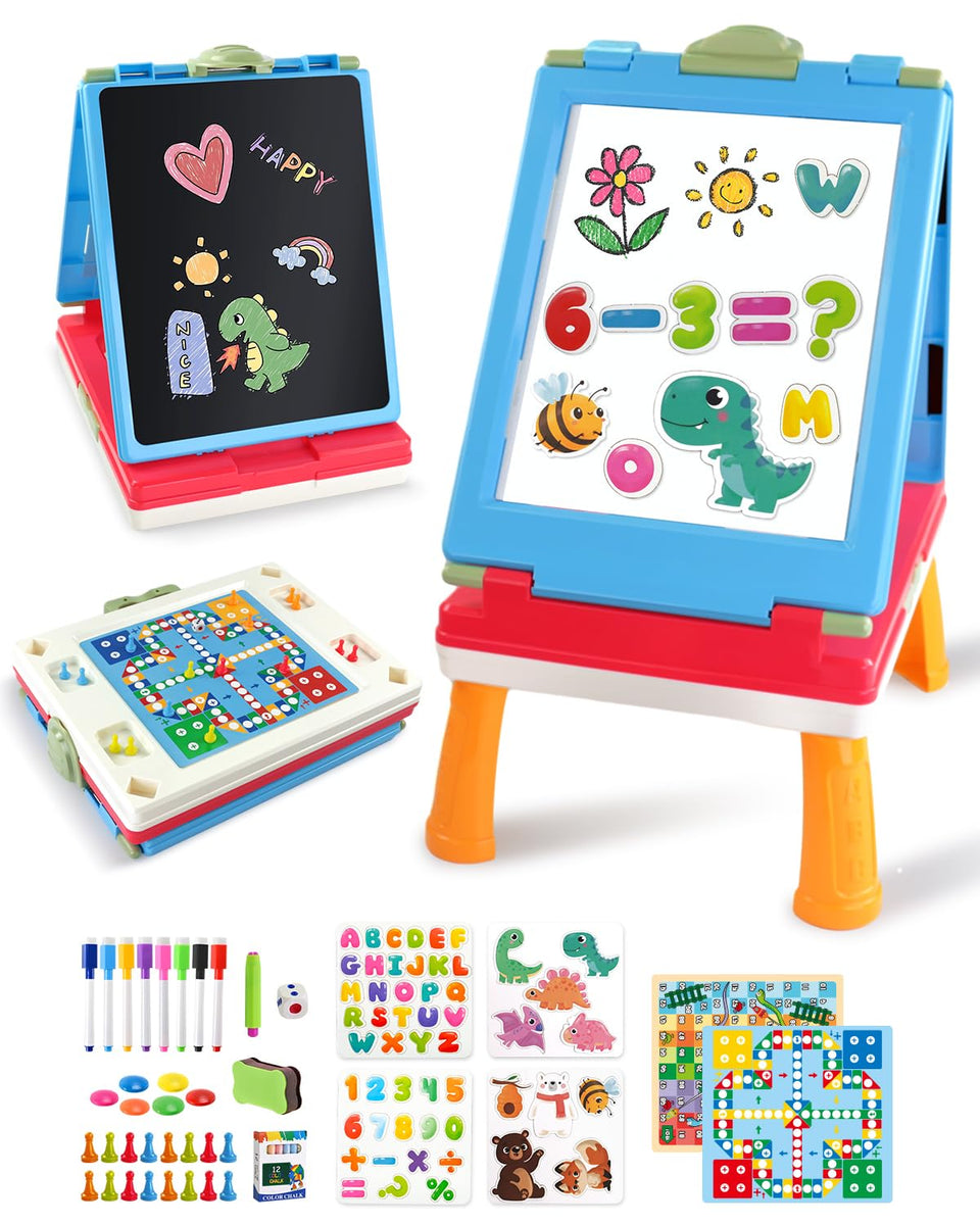 Elovien easel blue chalkboard and whiteboard combo for shared creativity.
