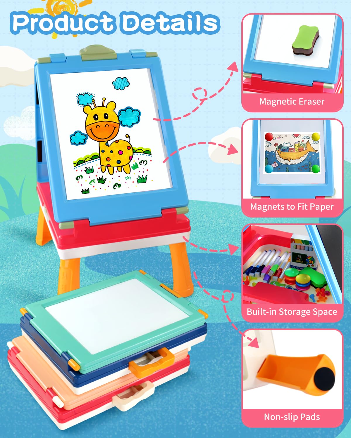 Elovien blue easel with height-adjustable legs for growing children.