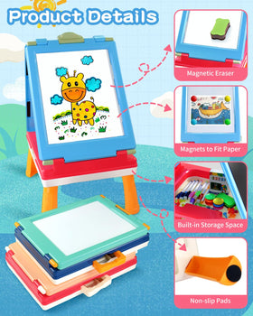Elovien blue easel with height-adjustable legs for growing children.