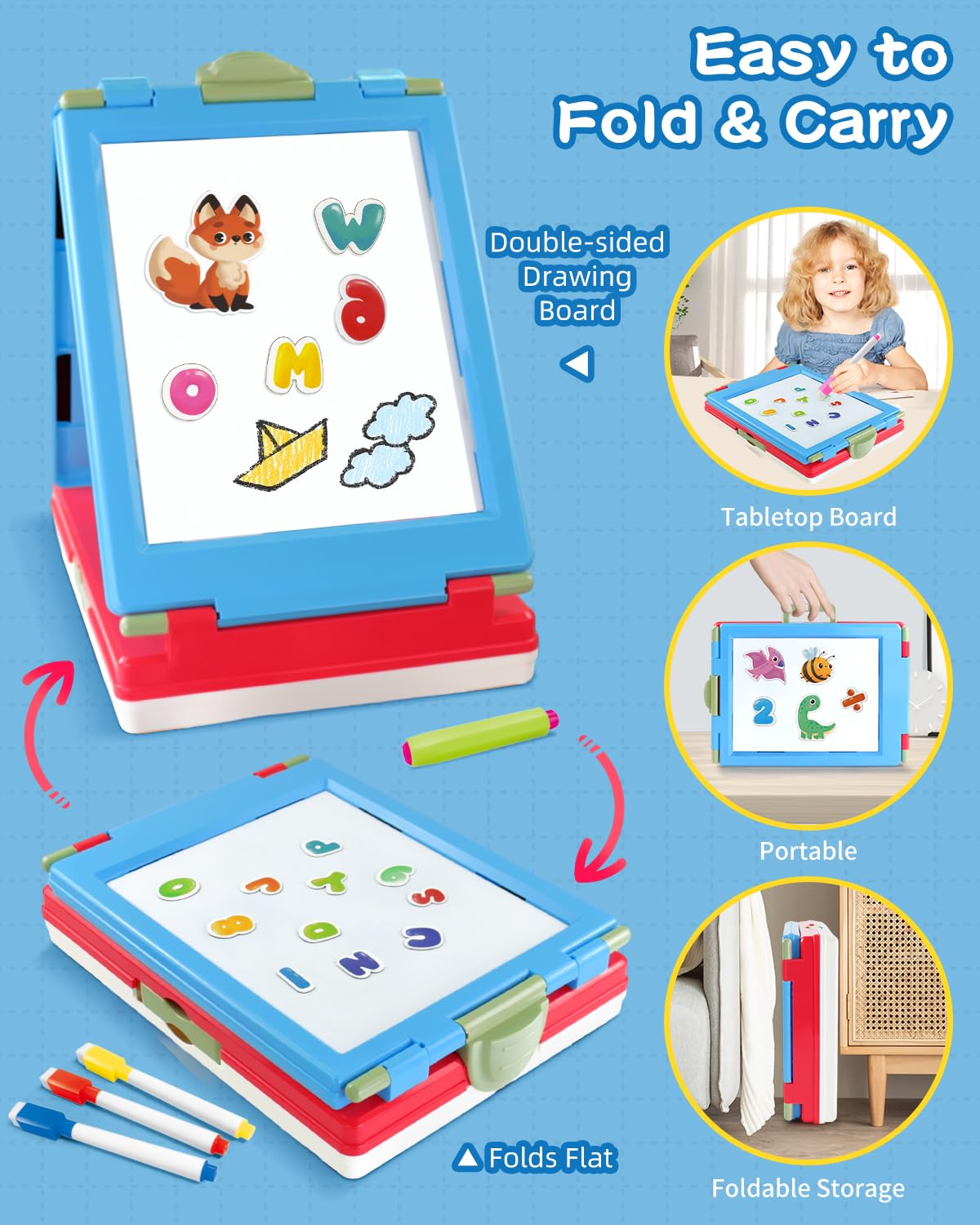 Elovien blue easel with attached accessories on a sturdy tabletop.