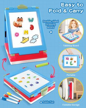 Elovien blue easel with attached accessories on a sturdy tabletop.