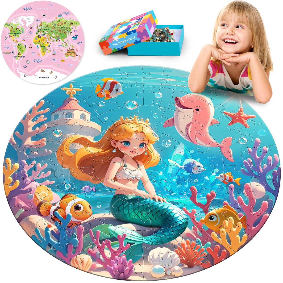 ELX Mermaid Princess ocean round puzzle with two-sided design boosts geography exploration.