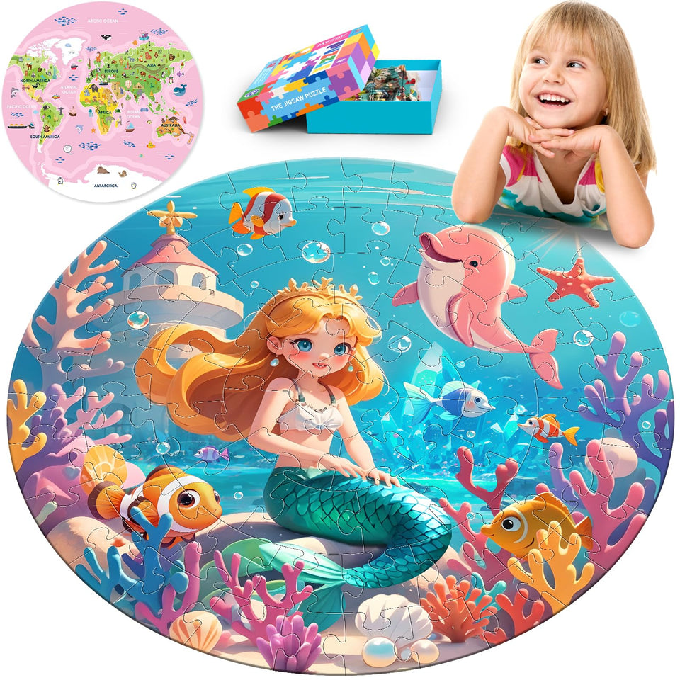 ELX Mermaid Princess ocean round puzzle with two-sided design boosts geography exploration.