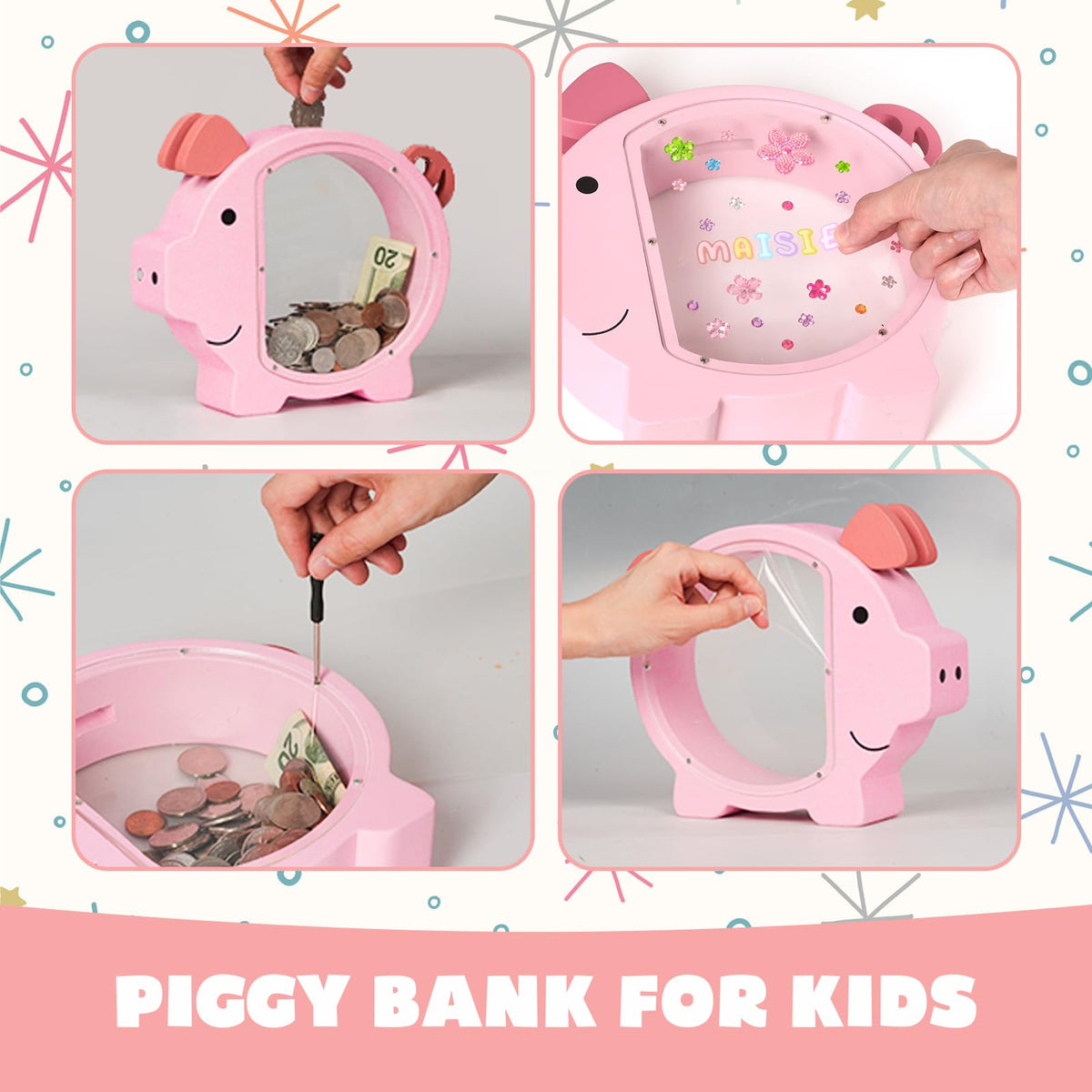 ELX pink piggy bank suits large toddler rooms as a thoughtful keepsake.